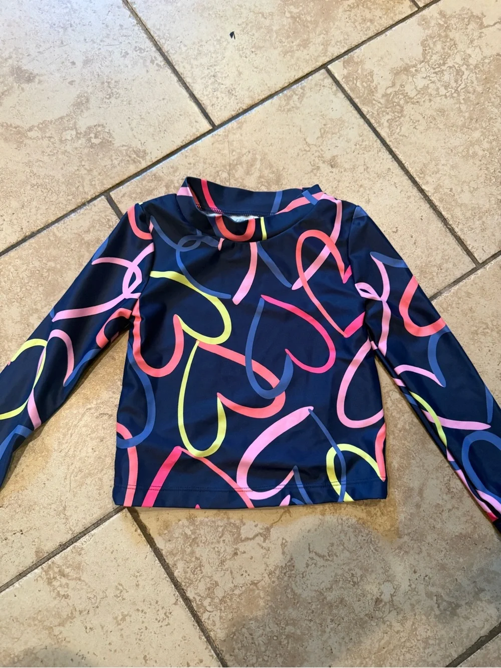 Girls Navy Long-Sleeve Heart Print Rash Guard Set with Pink Bottoms